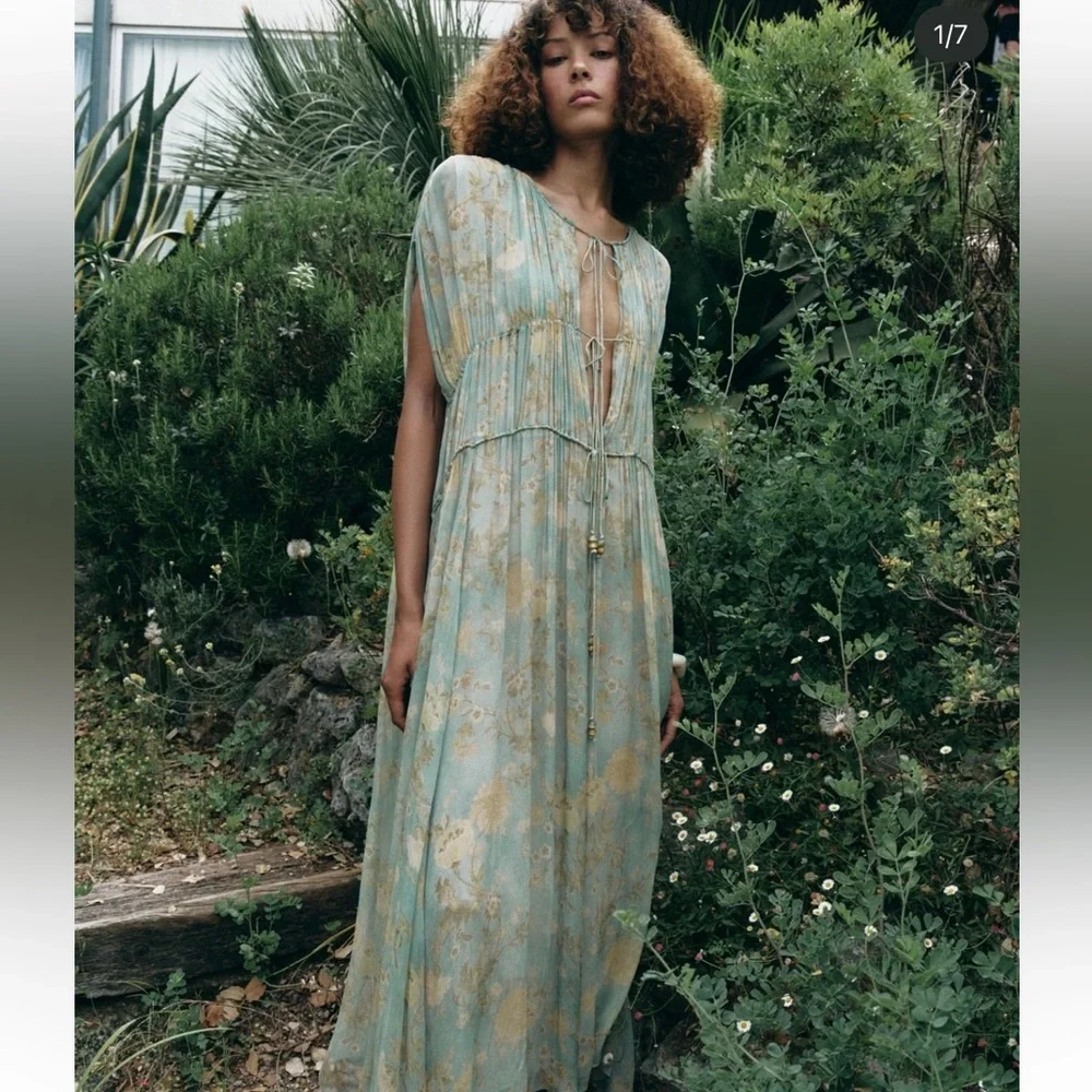 Bohemian Tie-Front Maxi Dress in Sage with Gold Floral - Picture 13 of 15
